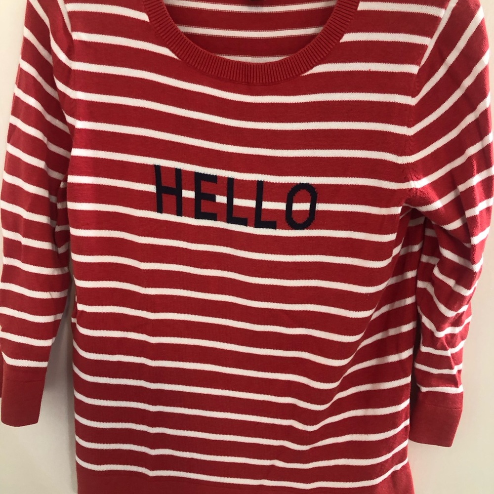 Banana Republic light sweater in red and white with hello front and goodbye back